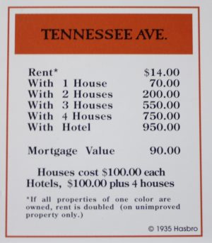 PARTS ONLY -Monopoly Board Game "1935 Deluxe First Edition Classic Reproduction" - "Tennessee Ave" Title Deed Card Only