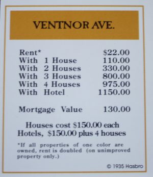 PARTS ONLY -Monopoly Board Game "1935 Deluxe First Edition Classic Reproduction" - "Ventnor Ave" Title Deed Card