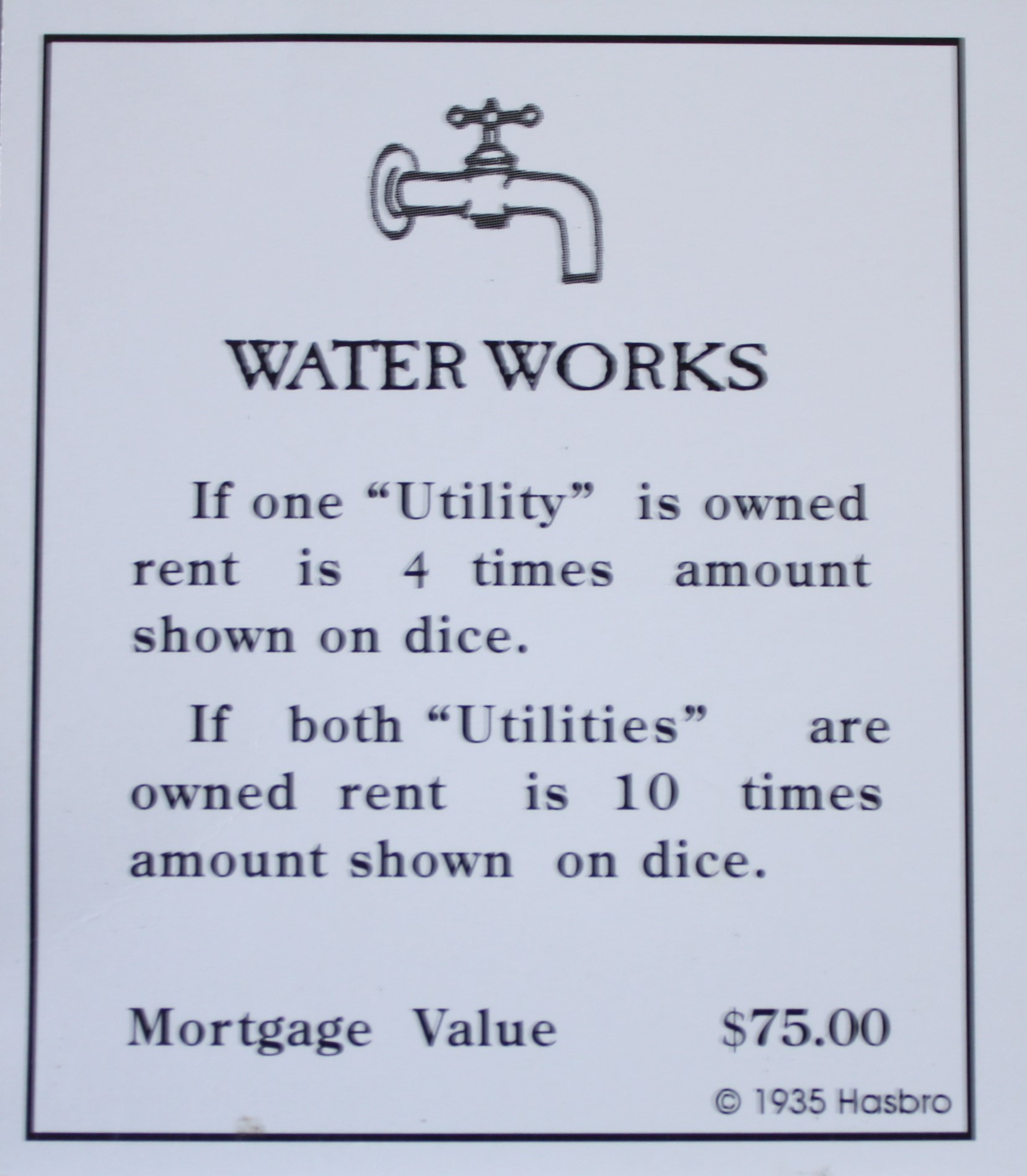PARTS ONLY -Monopoly Board Game "1935 Deluxe First Edition Classic Reproduction" - "Water Works" Title Deed Card