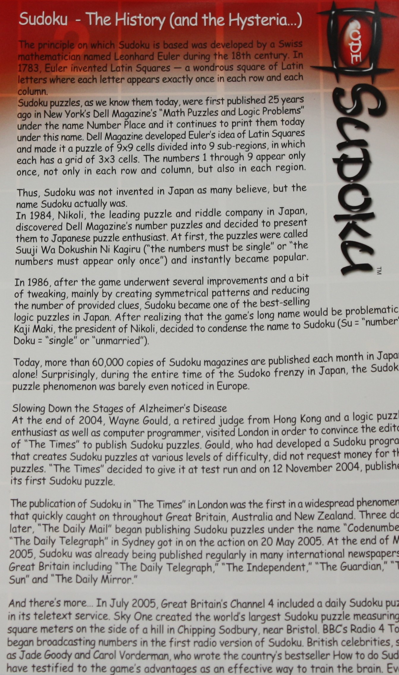 PARTS ONLY - Code Sudoku Game - Sudoku History Page Only