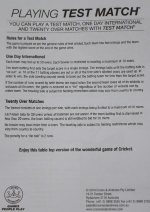 PARTS ONLY - Test Match Board Game - (1) Set of Rules Only