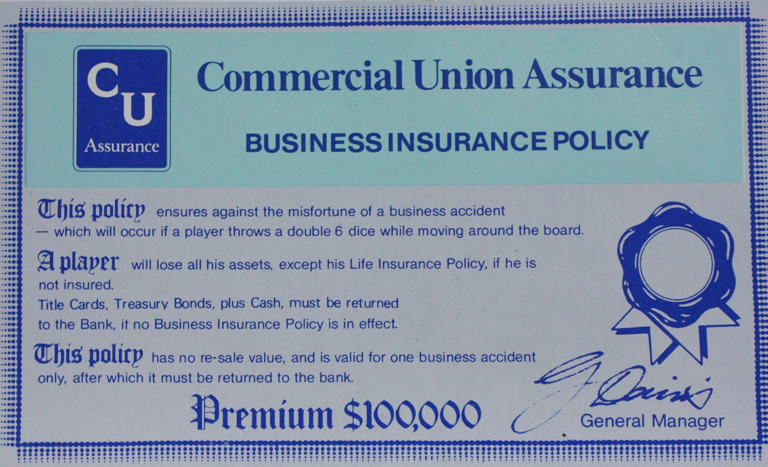 PARTS ONLY - Poleconomy Board Game - (1) Commercial Union Business Insurance Policy Only