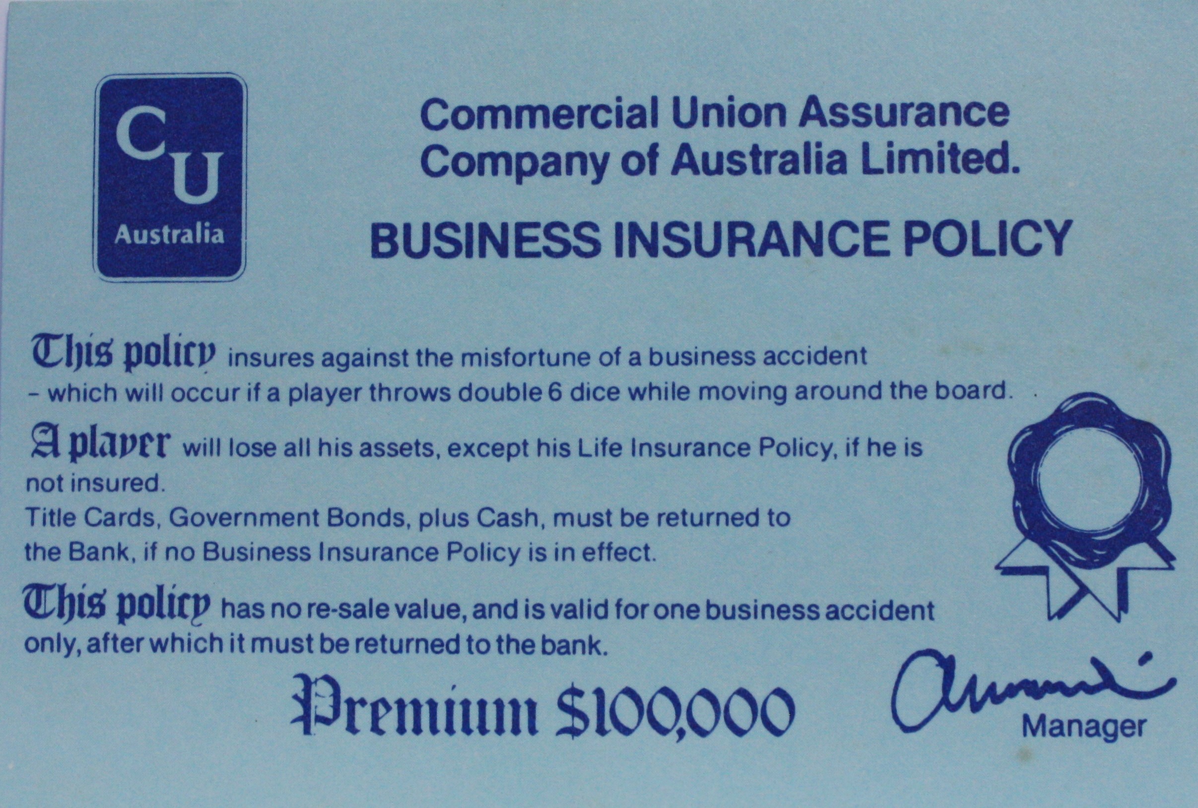 PARTS ONLY - Poleconomy Board Game - (1) Commercial Union Business Insurance Policy Only