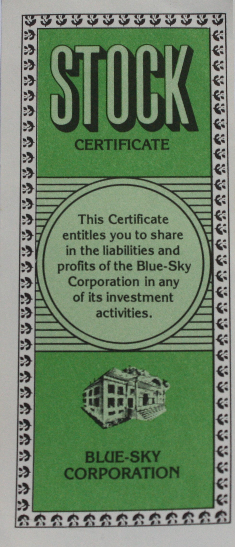 PARTS ONLY - Poleconomy Board Game - (1) Blue Sky Corporation Stock Certificate Only
