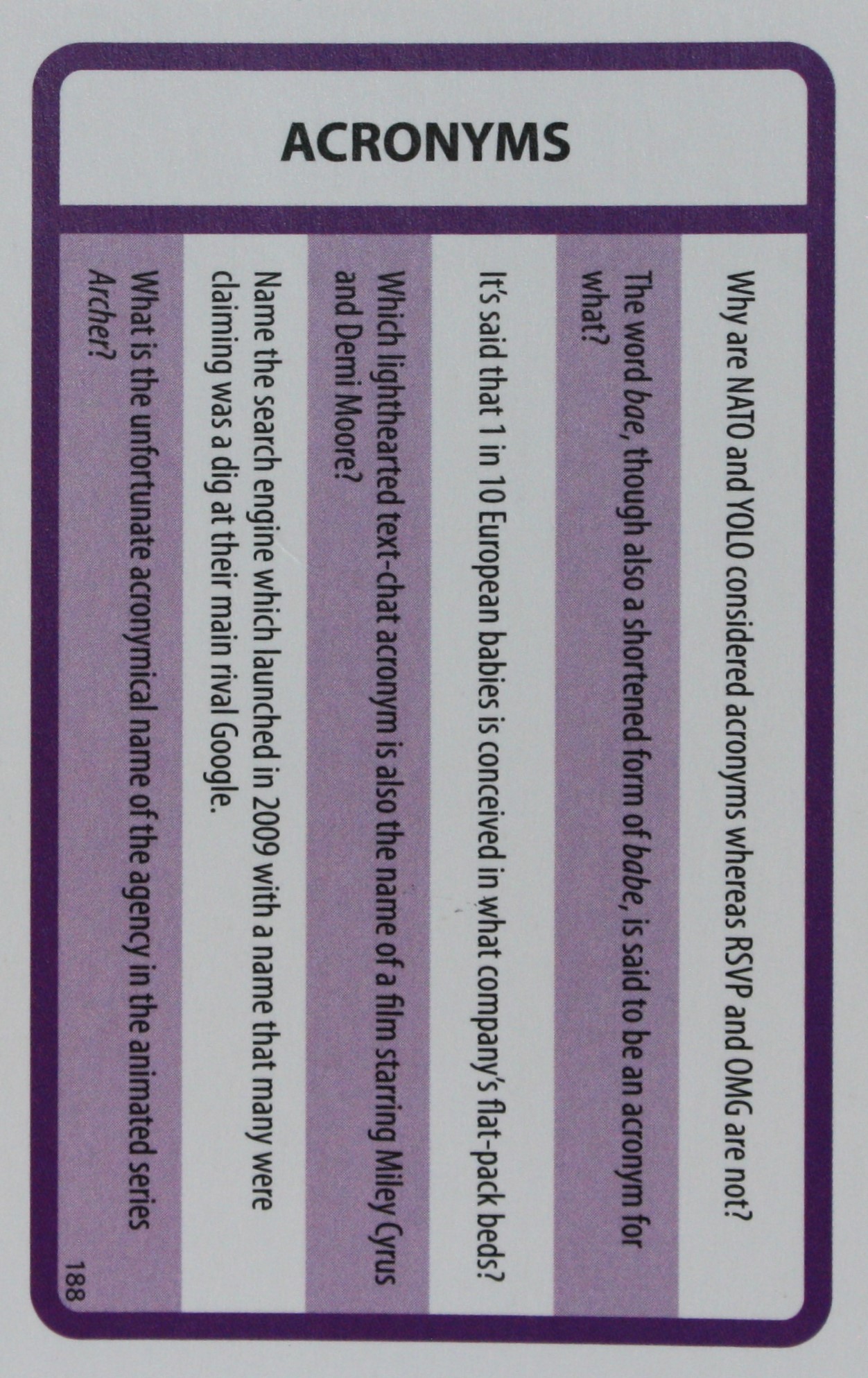 PARTS ONLY - Trivial Pursuit Board Game 2000's Edition - (1) Pack of 50 Purple Cards Only